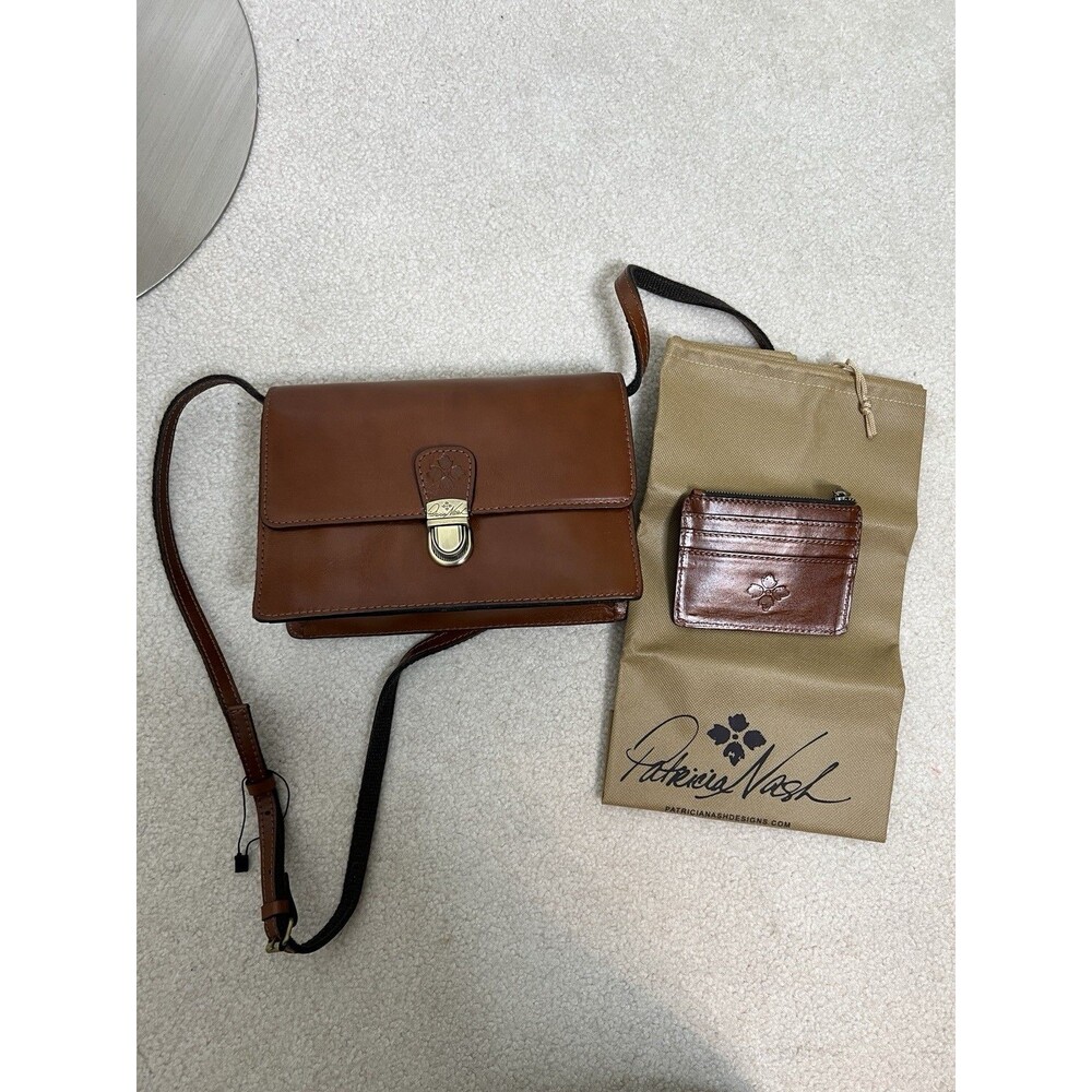 Patricia Nash Tan Leather Flap Satchel Cross Body Purse & Matching Card Wallet